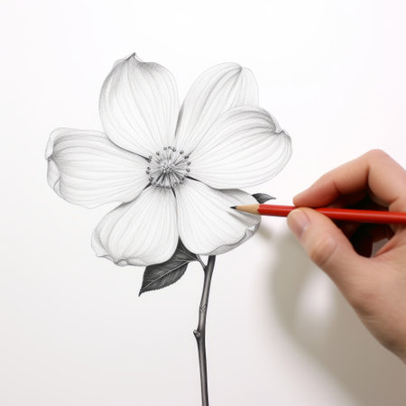 a hand holds a red pencil, skillfully drawing an intricate black and white flower illustration. the accurate and detailed style showcases delicate flowers and character illustrations with precise craftsmanship. the artwork captures the essence of norwegian nature through beautifully painted illustrations. ai generatedの素材