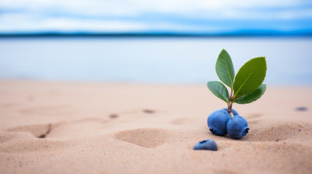 blueberries with green leaves growing in the sand on a beach, captured in a stunning matte photo style reminiscent of blurred landscapes. this captivating image, taken with an iso of 200, showcases the natural beauty of these berries in their sandy habitat. a national geographic photo available under creative commons attribution. ai generatedの素材