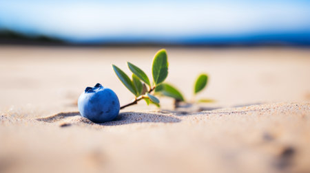 blueberries grown in a beach portrait style, showcasing zen minimalism and desertwave vibes. captured using the lensbaby composer pro ii with edge 50 optic, the image features a nature-inspired camouflage effect. the uhd quality highlights the light navy and navy tones, creating a visually stunning composition. ai generatedの素材