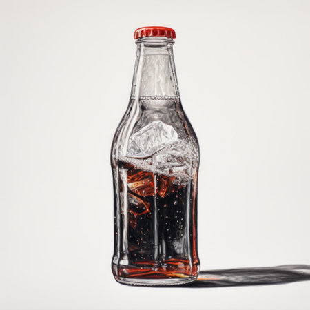 a coca cola bottle filled with ice is captured in a meticulous photorealistic still life by scarlett hooft graafland. the artwork showcases a juxtaposition of light and shadow, with small brushstrokes reminiscent of adam elsheimer's style. the dark silver and light red tones create energy-filled illustrations. ai generatedの素材