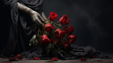 a blond woman holds a bunch of red roses against a dark background, creating a haunting and dramatic scene. this hyperrealistic still life photograph captures a contemporary take on medieval art, with theatrical gestures and a monochromatic color scheme. the tabletop photography showcases the beauty of the red roses while adding a touch of darkness and mystery to the overall composition. ai generatedの素材