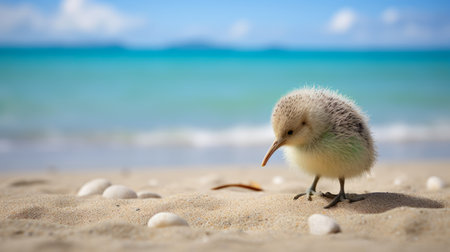 a small, white colorful bird stands on the sandy beach, creating a dreamlike atmosphere. the bird, in the style of babycore, is captured in soft focus, with a light green and black background. this creative commons attribution image by reefwave showcases the playful innocence of the bird, adding a blurred and dreamlike touch to the overall composition. ai generatedの素材