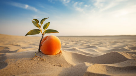 an orange fruit rests on the sandy surface, contrasting against the blue cloudy backdrop. this captivating documentary-style photo captures the essence of soft, dreamy landscapes with its light pink and light orange hues. with constructivist roots and the use of unreal engine 5, it creates a serene desertwave-inspired landscapism. ai generatedの素材