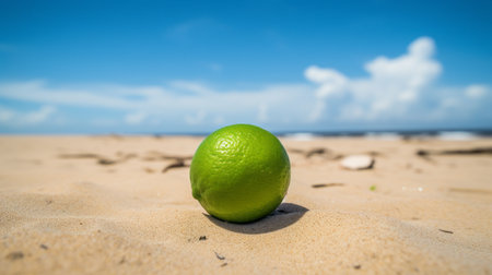 a lime sits on a sandy beach, showcasing intense color saturation and a low-angle perspective. this photograph embodies the artistic styles of verdadism and realist lifelike accuracy, while incorporating visual puns and traditional mexican influences. the composition is minimalistic, focusing on the vibrant lime as the main subject. ai generatedの素材