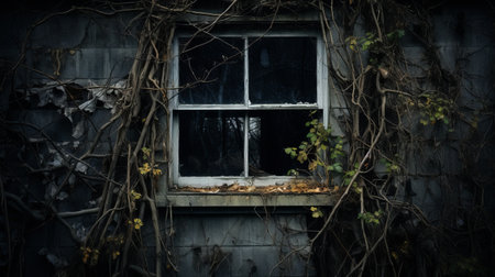 an old home showcases a window adorned with vines, creating a dark and moody atmosphere. this image captures the essence of horror and features textural elements such as twisted branches. the haunting portraiture of the scene evokes a sense of contained chaos. experience this uhd image that beautifully combines the eerie beauty of nature with the allure of an old, mysterious house. ai generatedの素材