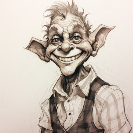 an animated drawing of a troll wearing a vest, depicted in the style of realistic portrait drawings. this artwork captures the essence of goblin academia and ink wash paintings, showcasing candid portraiture. the troll's expression is joyful and optimistic, while its slumped and draped posture adds a touch of realism. the artist has paid great attention to detail, especially in the facial features. ai generatedの素材