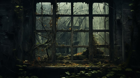 the window in the old, dark house showcases a captivating scene reminiscent of epic fantasy. overgrown with weeds and plants, it exudes an atmospheric woodland imagery with twisted branches. the industrial horror elements add a touch of intrigue, while the smokey background enhances the mysterious ambiance. this captivating composition evokes the essence of the american barbizon school and captures the essence of an associated pressの素材