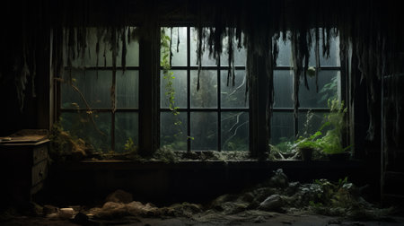 an old window in the style of a mysterious jungle, featuring a pile of papers in the darkness. this captivating photo showcases a matte painting with layered and atmospheric landscapes. the green academia and intensely detailed elements create a stunning visual. shot with the samyang af 14mm f/2.8 rf lens. ai generatedの素材