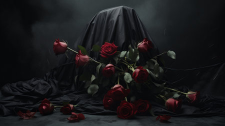 an image of a man, l, is depicted holding a sack in his hand, surrounded by a vibrant bunch of roses. the style of the artwork is inspired by renowned artists such as michal karcz, ingrid baars, and flora borsi. the composition combines elements of meticulous photorealistic still lifes, caravaggism, and dramatic, somber religious works, creating a captivating and slightly eerie atmosphere reminiscent of halloween.の素材