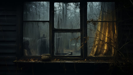 an old house with an open window, showcasing atmospheric woodland imagery. the haunting figuratism and cinematic view create a misty atmosphere. captured through tabletop photography, the image is enhanced by the use of anamorphic lens, resulting in a dark and intricate composition. ai generatedの素材