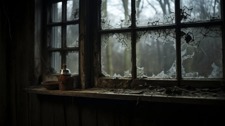 an empty window in the misty gothic style, adorned with a vase and an old bottle, stands amidst the snowy landscape. this captivating documentary photo captures the atmospheric woodland imagery, showcasing the cracked and intricate woodwork. the uhd image focuses on the joints and connections, creating a visually stunning composition. ai generatedの素材