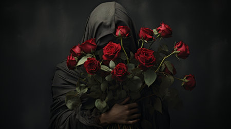 a photo of a person, surrounded by a vibrant bouquet of roses, grasping a sack, inspired by the artistic styles of michal karcz, ingrid baars, and caravaggism. the image captures a dramatic and somber atmosphere reminiscent of religious works, while also incorporating elements of halloween and the unique creativity of flora borsi. ai generatedの素材