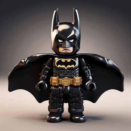 the lego batman minifigure by influxioon is a detailed rendition, created using cinema4d rendering. with its toy-like proportions, this minifigure showcases cartoon violence in dramatic lighting effects. the dark gray and light black color scheme adds depth to the composition, while the layered design enhances its intricate features. inspired by the works of bill gekas, this lego batman minifigure is a captivating piece of art.の素材