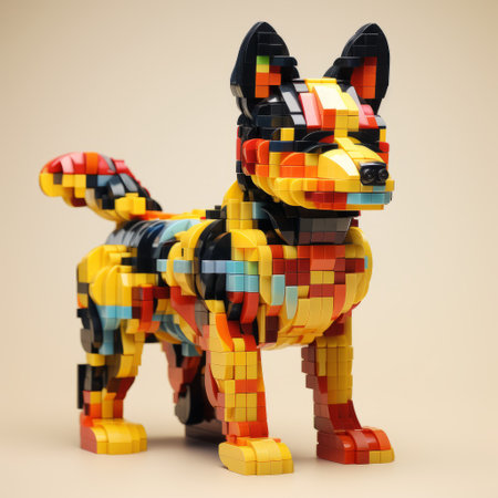 a lego dog with colorful stripes, showcasing a realistic hyper-detailed rendering. the mosaic-like forms, light black and amber shades, and bold manga-inspired characters create a visually striking image. the strong use of color adds depth and vibrancy to the overall composition. this lego creation embodies the caninecore aesthetic with its stark simplicity and eye-catching design. ai generatedの素材