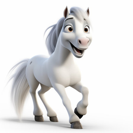 white horse running from left to right in a playful caricature style reminiscent of disney animation. this animative 8k resolution image by john wilhelm features gray tones and is created by giovanni nino costa. ai generatedの素材