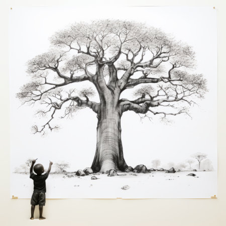 child stands by a drawing of old baobab trees in africa in 2012. the artwork is created in the style of monumental ink paintings, featuring hyper-realistic animal illustrations and large-scale installations. this commission for steinheil quinon 55mm f19 lens captures the unpolished authenticity of the scene, emphasizing the gigantic scale of the baobab trees. ai generatedの素材