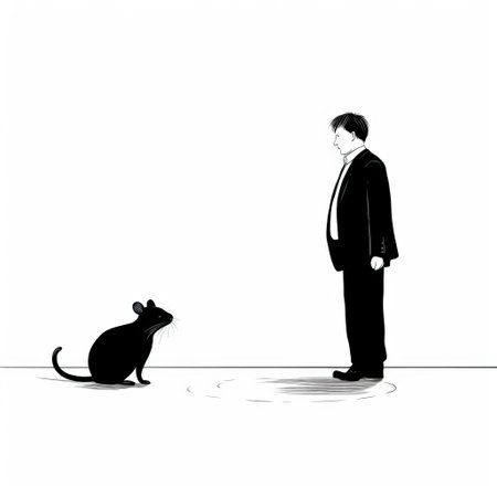 a minimalist digital illustration featuring a suit and a mouse walking together on a leash. this monochromatic portrait, created in the style of minimalist illustrator, showcases dramatic perspective and satirical humor. the image captures the essence of caninecore with a touch of whimsy. shot on ferrania p30 film, this artwork is a unique blend of creativity and wit. ai generatedの素材