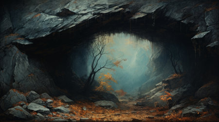 a mountain entrance enveloped by trees and rocks, captured in a naturalistic style reminiscent of atmospheric animal paintings. the image features a dark cyan and amber color scheme, showcasing a ghostcore aesthetic with a high-keyed palette. with a resolution of 3840x2160, the somber mood and otherworldly illustrations create a captivating visual experience. ai generatedの素材