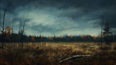 dead grass in a field under a beautiful sky, captured in a digital painting and drawing style. this atmospheric woodland imagery showcases a birds-eye-view perspective, reminiscent of the works of antti lovag. the dark and foreboding landscapes, inspired by kevin hill, depict decaying scenery. ai generatedの素材