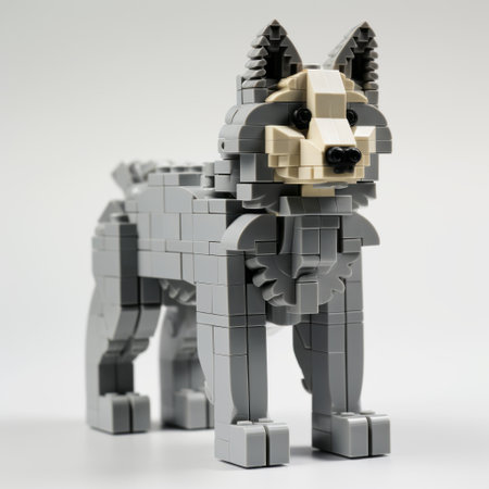 the squaw dog is a unique white and grey lego creation resembling the tamron 24mm f28 di iii osd m12 lens. this photo, captured with a nikon d750, showcases clean and sharp inking, a structural composition, and a soft cubism style. with elements of caninecore and rtx, this image is a visually striking representation of creativity and innovation. ai generatedの素材