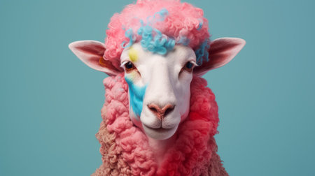 a sheep head with pink paint and frosted white horns stands out against a vibrant blue background. this bold fashion photography captures inventive character designs and colorful costumes, reminiscent of album covers. the realist lifelike accuracy of the sheep's features, combined with the light azure and magenta hues, evokes a sense of pastoral nostalgia. ai generatedの素材