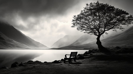 a black and white photo of a uk lake in london, captured by michel, showcases a romantic and dramatic landscape. the image exudes a pensive stillness, enhanced by vignetting. reminiscent of scottish landscapes, this national geographic-worthy photo is presented in stunning 8k resolution, leaving viewers in awe of its breathtaking beauty. ai generatedの素材