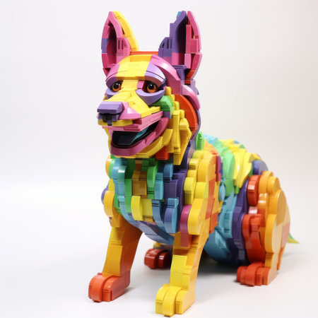 a colorful dog figurine made of various colored bricks, in the style of psychedelic manga, monochromatic geometry, and ultra-realistic rainbowcore. the figurine features a vibrant combination of light purple and yellow hues, creating a visually striking and highly realistic installation. ai generatedの素材