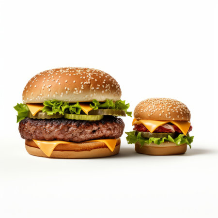 a high definition photograph clipart vector image featuring a hyper realistic small piece cut out, placed next to a large hamburger. the image showcases intricate details and is captured with a 35mm lens, providing an ultra hd quality in 8k resolution. the plain white background enhances the focus on the subject. ai generatedの素材