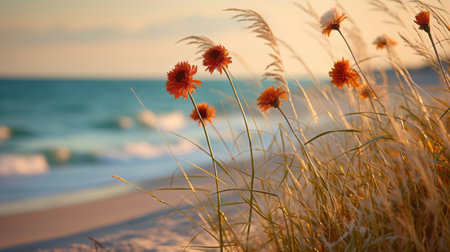 a vibrant yellow background sets the stage for a captivating photo featuring orange flowers. inspired by serene oceanic vistas, this image captures the essence of mandy disher's artistic style. shot with a sony fe 12-24mm f/2.8 gm lens, the colors of light cyan and light crimson add a touch of tranquility. the en plein air beach scenes are brought to life with naturalistic shadows, creatingの素材