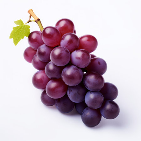a bunch of grapes, featuring a mix of light red and dark purple hues, is captured against a clean white background. the photo, taken with a zeiss milvus 25mm f/1.4 ze lens, showcases subtle gradients and follows a monochromatic scheme. this organic material image is available under the creative commons attribution license. ai generatedの素材