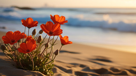 a tall wave crashes onto the beach, showcasing a beautiful blend of flower and nature motifs. captured with a zeiss batis 18mm f2.8 lens, the image features a palette of light orange and red hues. reminiscent of the works of mary fedden and serge marshennikov, this photograph evokes soft and romantic scenes. ai generatedの素材