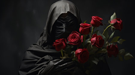 a photo of a personified letter "q" surrounded by a vibrant bouquet of roses, clutching a sack in their hand. this image is inspired by the artistic styles of michal karcz, ingrid baars, and caravaggism, known for their meticulous photorealistic still lifes and dramatic, somber religious works. the composition also incorporates elements reminiscent of halloween and the surrealistic approach of flora borsi. ai generatedの素材