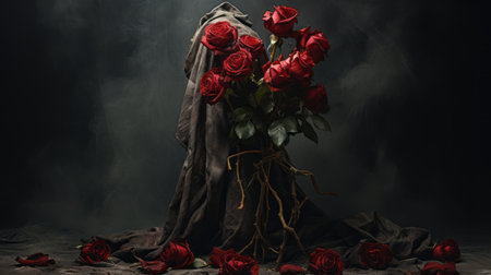 n is depicted in this image holding a sack in his hand, surrounded by a bunch of roses. the style of the artwork is influenced by artists such as michal karcz, ingrid baars, and flora borsi, known for their meticulous photorealistic still lifes. the image also draws inspiration from caravaggism, with its dramatic and somber religious undertones, as well as elements reminiscent of halloween. aiの素材
