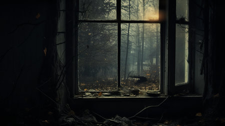 the photo captures a window of a house in a dark room, featuring atmospheric woodland imagery and decaying landscapes. the smokey background adds to the mysterious ambiance, while the light-filled landscapes outside the window create a contrasting effect. this photo embodies elements of forestpunk, halloween, and romanticized views. ai generatedの素材