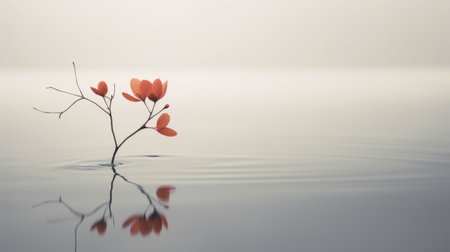a floating plant on water with a reflective image, captured in soft and dreamy tones. this photograph showcases elements of oriental minimalism, with a color palette of light red and gray. shot in stunning 8k resolution by jakub schikaneder, it beautifully captures delicate flowers and serene seascapes. ai generatedの素材