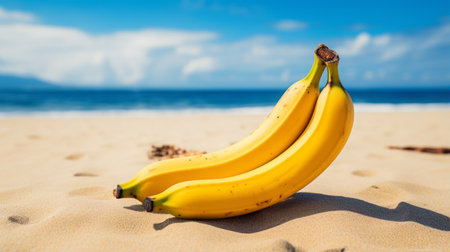 bananas scattered on the sandy shore of a lake, exuding a vibrant and energetic aura. this photograph captures the essence of youthfulness with its explosive pigmentation and joyful, optimistic vibes. the composition reflects elements of manapunk, showcasing raw vulnerability and offering award-winning seaside vistas. ai generatedの素材
