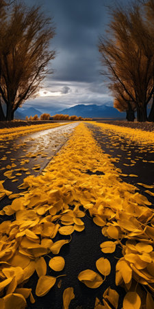 gingko boulevard with overcast sky, featuring sunflower trees on both sides of the road. the trees display a vibrant golden color, while the ground is covered in yellow sunflower biloba leaves. in the distance, a mountain can be seen, adding to the picturesque view. this real shot of sunflower biloba captures the scene with ultra-high resolution. ai generatedの素材