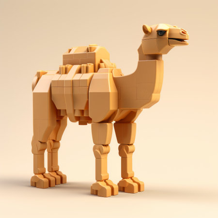 a camel is showcased in this 3d image, created using voxel art and modular constructivism techniques. the camel is depicted in light beige and amber tones, with a hard surface modeling approach. the image features bold color blocks, intricate mechanical designs, and is rendered in high resolution. ai generatedの素材