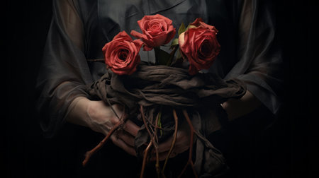 a photo of a man, symbolized by the letter "r," is depicted holding a sack in his hand. the image is inspired by the artistic styles of michal karcz, ingrid baars, meticulous photorealistic still lifes, caravaggism, dramatic and somber religious works, halloween, and flora borsi. the subject is surrounded by a bunch of roses, creating a visually striking composition. ai generatedの素材