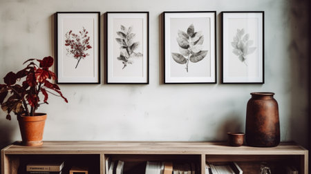 a wall adorned with a collection of framed prints, a captivating painting, and lush plants. this uhd image showcases elegant inking techniques, monochrome toning, and muted colors. delicate flowers and naturalistic portraits add a touch of beauty. the light gray and red hues create a harmonious atmosphere. ai generatedの素材