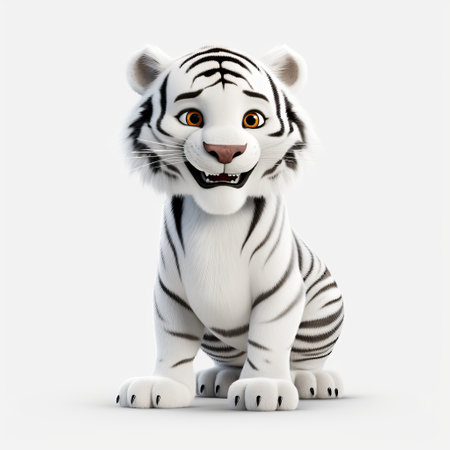 a white tiger with an elephant-like appearance is depicted in this rendered image created in cinema4d. the tiger has a cartoonish innocence and a strong facial expression. the minimal retouching enhances the image's natural appeal. the uhd resolution showcases the intricate details of the dark white and light orange coloration, adding a playful touch to the overall composition. ai generatedの素材