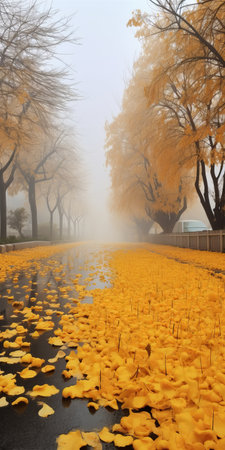 foggy gingko boulevard with rose trees lining both sides, showcasing their golden color. the ground is covered in yellow rose biloba leaves, creating a stunning sight. in the distance, a mountain adds to the picturesque view. this real shooting of rose biloba captures the scene with ultra-high resolution. ai generatedの素材