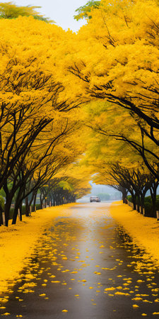 cloudy gingko boulevard with azalea trees lining both sides of the road. the golden color of the trees contrasts beautifully with the yellow azalea biloba covering the ground. in the distance, a mountain can be seen, adding to the picturesque scenery. this real shooting captures the beauty of the azalea biloba in ultra-high resolution. ai generatedの素材