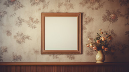 a photo of a vintage americana style picture frame hanging on a wall. the frame is adorned with intricate woodwork and holds a candid atmosphere. the wallpaper and flowers surrounding the frame create an eerily realistic and tonalist color scheme. the picture is captured in 8k resolution, showcasing the lively interiors. ai generatedの素材