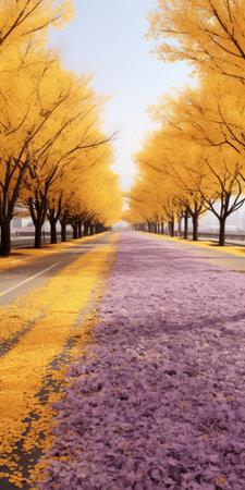 a stunning photo of a dry gingko boulevard with violet trees lining both sides of the road. the trees are adorned with golden-colored leaves, while the ground is covered in yellow violet biloba leaves. in the distance, a mountain can be seen, adding to the picturesque scenery. this real shot captures the beauty of the violet biloba in ultra-high resolution. ai generatedの素材