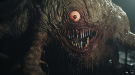 creature with eye and open mouth in a scary scene, featuring natural color grading with gritty, desaturated tones. the wide perspective shot, enhanced by studio lighting, creates a sense of mystery and the unknown. this cinematic visual style, reminiscent of a horror film directed by christopher nolan, adds to the eerie atmosphere. ai generatedの素材