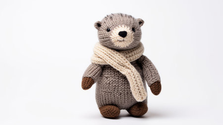 an adorable stuffed otter toy, crafted in a knitted and crocheted style, is showcased against a white background. the soft-focus technique adds a whimsical touch to the image, while the whistlerian and trace monotone effects create a unique visual appeal. the otter toy is beautifully wrapped, adding to its charm. ai generatedの素材