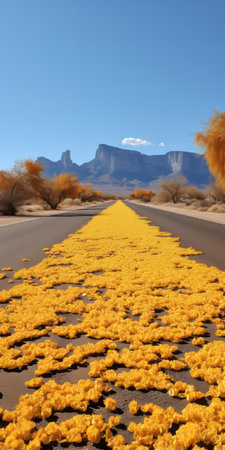 a stunning photo of a dry gingko boulevard with cactus trees lining both sides of the road. the cactus trees are a beautiful golden color, contrasting against the yellow ground covered in cactus biloba leaves. in the distance, a mountain can be seen, adding to the scenic view. this real shot captures the beauty of the cactus biloba in ultra-high resolution. ai generatedの素材