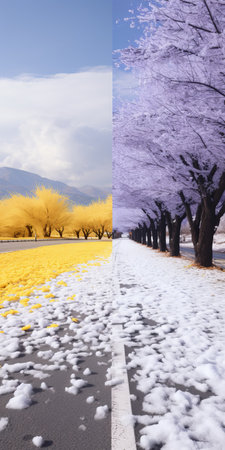 snowy gingko boulevard with lavender trees lining the road, creating a golden hue. the ground is covered in yellow lavender biloba leaves, while a distant mountain adds to the picturesque scene. this real shooting captures the beauty of lavender biloba in ultra-high resolution. ai generatedの素材