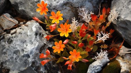 orange flowers hanging over rocks in a vibrant and distinctive composition. this photograph, captured in the style of hasselblad 1600f and inspired by new american color photography, showcases the luminescent color scheme of the flowers. the image, created by serge marshennikov, exudes an exotic and brightly colored atmosphere. ai generatedの素材